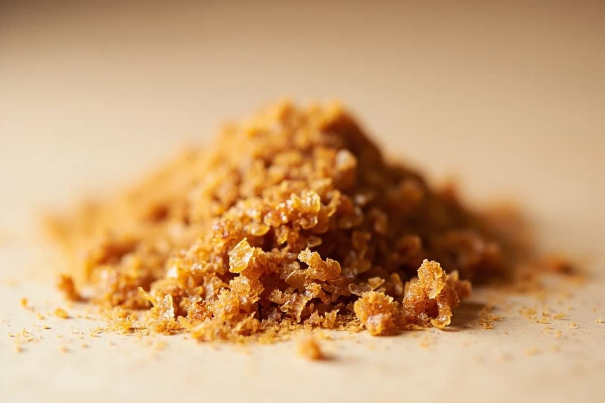 Coconut Sugar in its natural form. Coconut sugar is produced by collecting the nectar from the cut flower buds of coconut palms (Cocos nucifera), then slowly boiling the sap until it thickens and crystallizes. Tasting profile: warm caramel, butterscotch, faint toffee, mild molasses earthiness.