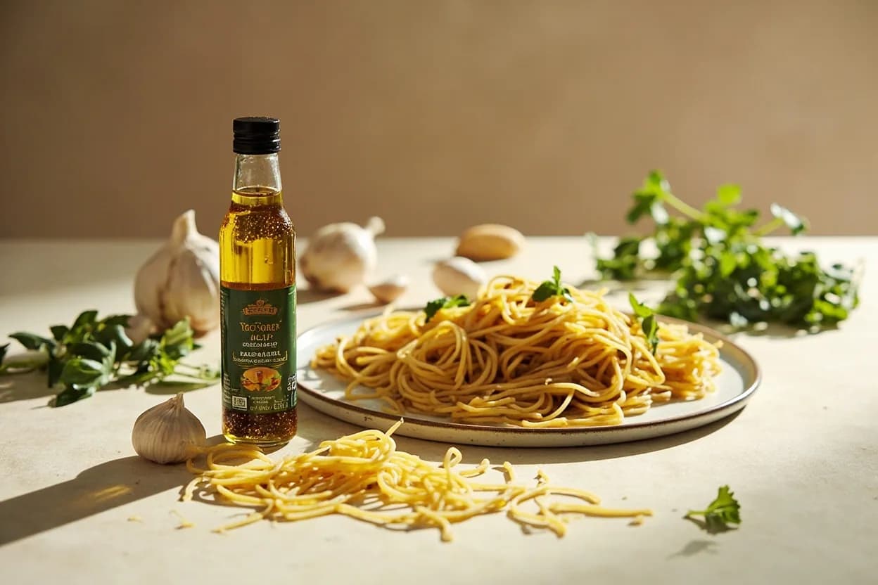 Colatura di Alici paired with Spaghetti (aglio, olio e colatura) (Campanian (Cetara)) — the canonical affinity made visible. The canonical preparation: spaghetti finished off the heat with warm garlic-olive oil, a tablespoon of pasta water, and a drizzle of colatura.
