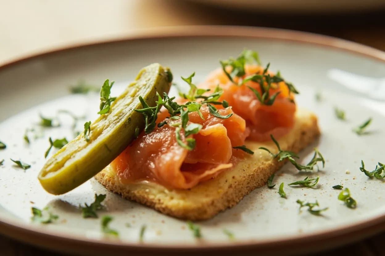 Cornichon in its element — French charcuterie board (planche de charcuterie). Adventurous crossover: Smoked salmon blini — Minced cornichon mixed into crème fraîche replaces capers — its tarragon note harmonises with dill-cured salmon..