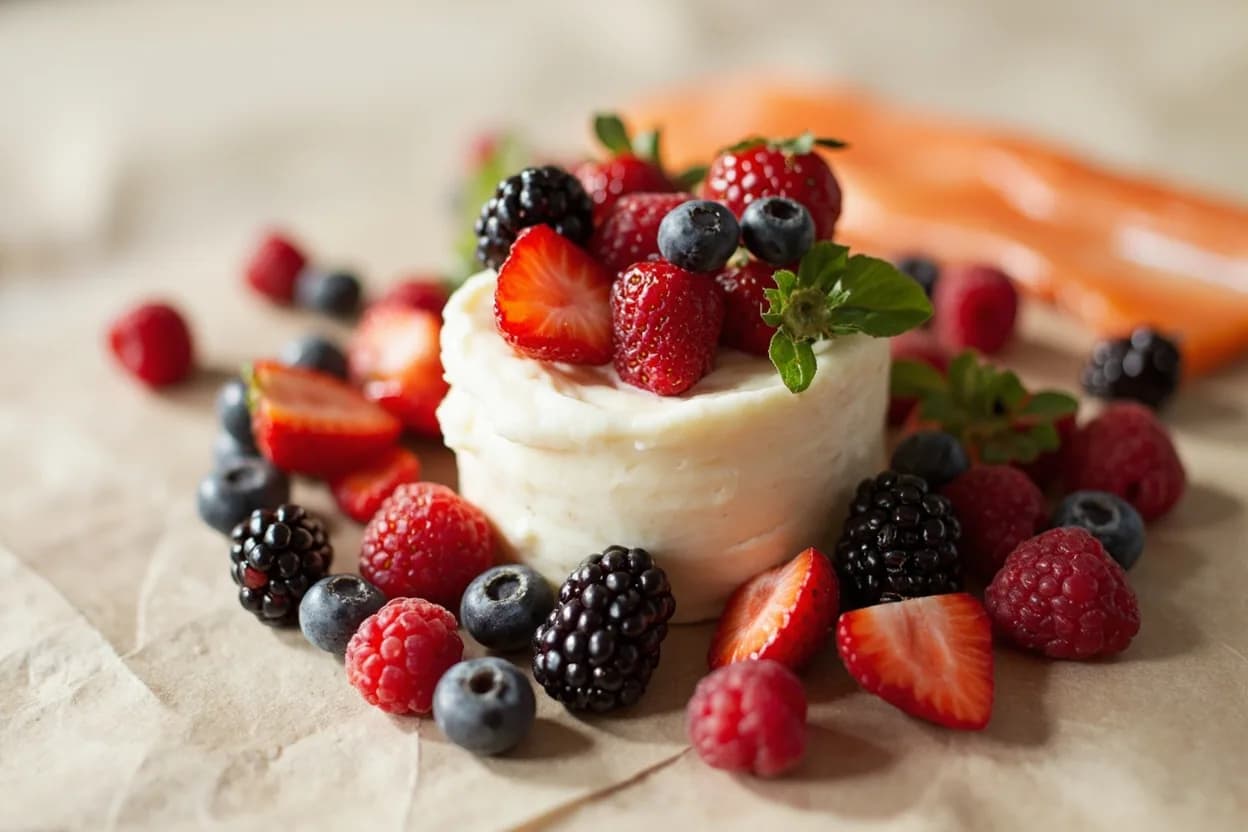 Crème Fraîche paired with Fresh berries (strawberries, raspberries) (French) — the canonical affinity made visible. The acid-fat contrast is textbook: berries' sharp fruit brightness is cushioned and lengthened by crème fraîche's creamy tang.