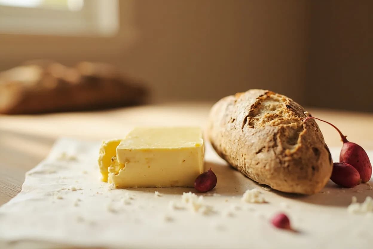 Cultured Butter paired with Sourdough or country bread (French) — the canonical affinity made visible. The bread's own lactic fermentation echoes the butter's tang; both share acetate and diacetyl notes, creating harmonic resonance rather than contrast.