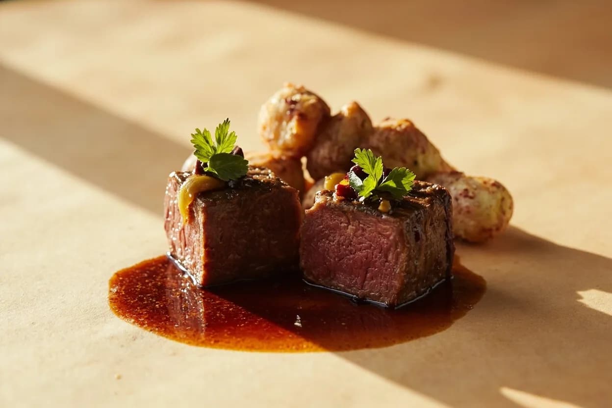 Demi-Glace paired with Beef tenderloin / tournedos (French classical) — the canonical affinity made visible. The canonical pairing: pan juices deglazed with Cognac and mounted with demi-glace produce sauce Périgueux or sauce Bordelaise; gelatinous body clings to the steak without masking its iron-rich depth.