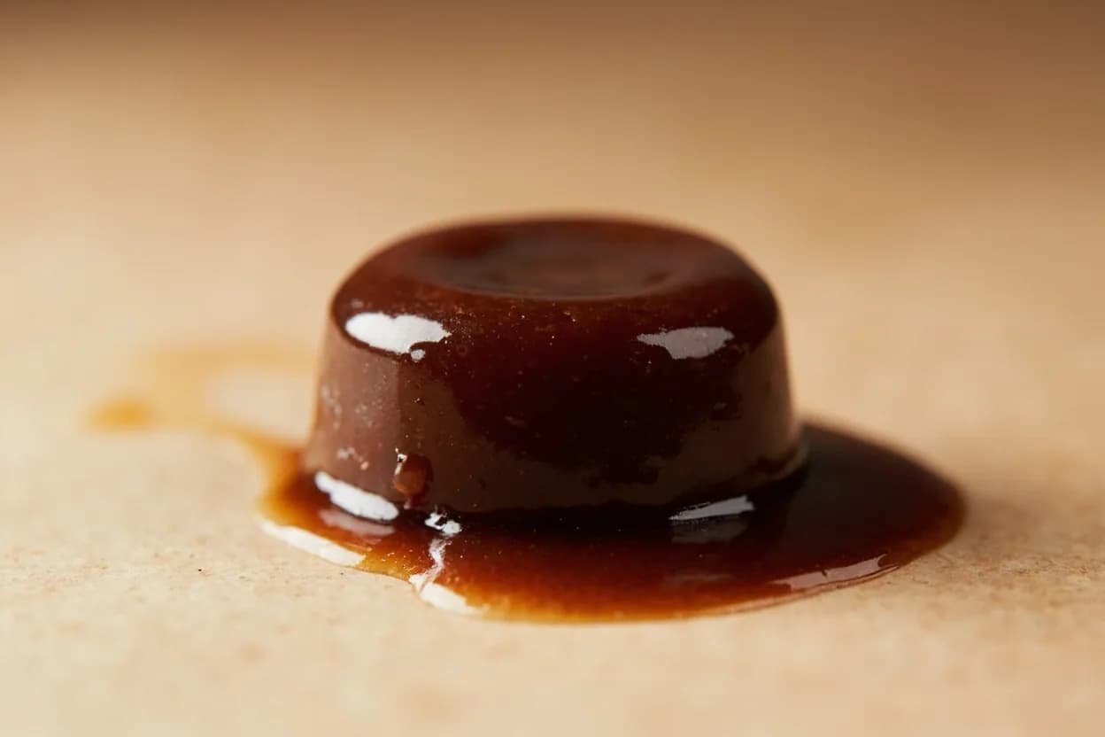 Demi-Glace in its natural form. Demi-glace is a concentrated sauce made by reducing equal parts sauce espagnole and brown veal stock by at least half, until the liquid coats a spoon with a rich, glossy, almost syrupy consistency. Tasting profile: deep roasted meatiness (Maillard-derived pyrazines), gelatinous round body from hydrolyzed collagen, faint caramel sweetness from reduced mirepoix, wine tannins and dark-fruit undertones.