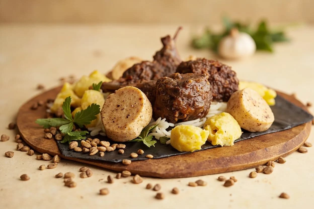 Dried Lime (Loomi) paired with Lamb (Persian) — the canonical affinity made visible. The musky acid cuts the fat and gaminess of slow-braised lamb shoulder; foundational to Persian khoresh