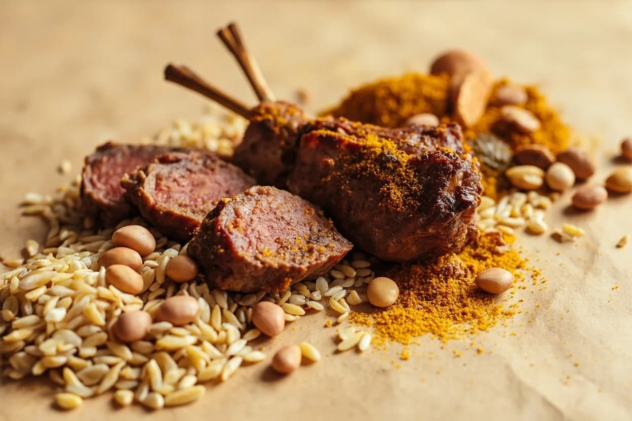 Dried Lime (Persian / Loomi) paired with Lamb (Persian / Iranian) — the canonical affinity made visible. Ghormeh sabzi and Persian lamb stews depend on dried lime's tart earthiness to cut through the richness of fatty lamb; whole limes braise alongside the meat for hours.