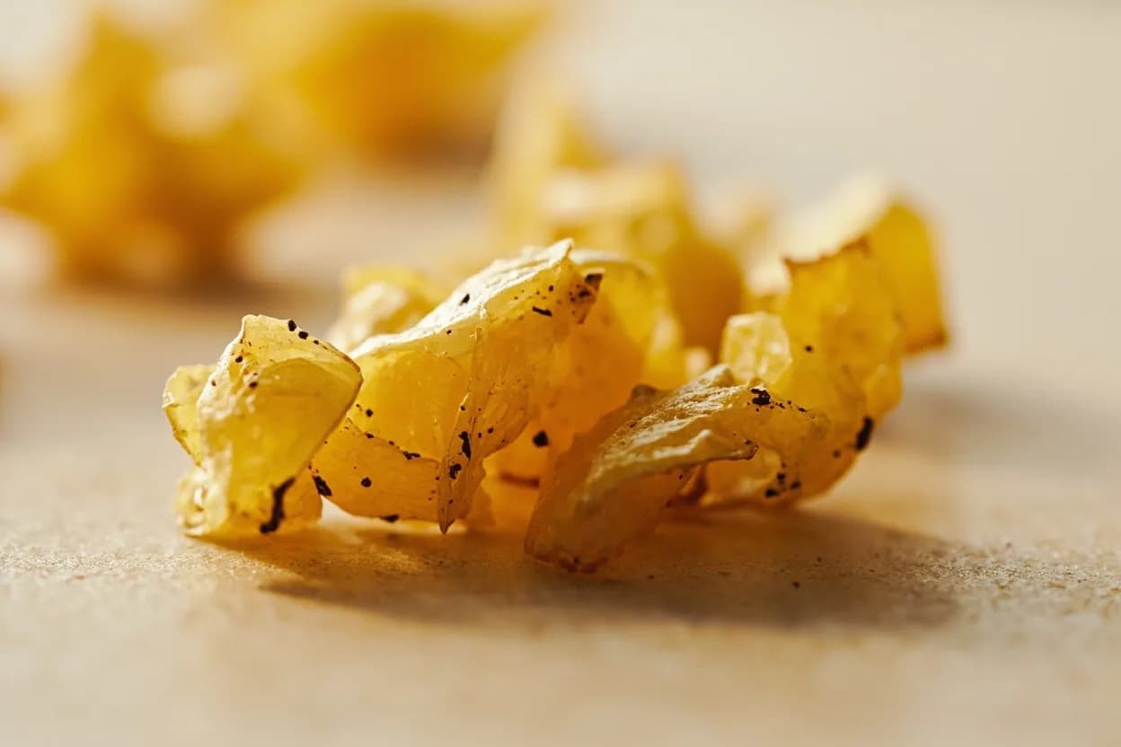 Dried Lime (Persian / Loomi) in its natural form. Dried lime (loomi, limu omani, or noomi basra) is whole lime boiled briefly in salted water, then sun-dried until hard and hollow, the interior oxidizing from pale yellow to dark amber or near-black. Tasting profile: concentrated citric tartness — mellow rather than sharp, earthy, oxidized depth (fermented/dried fruit quality), faint smokiness from sun-drying, bitter citrus pith notes.