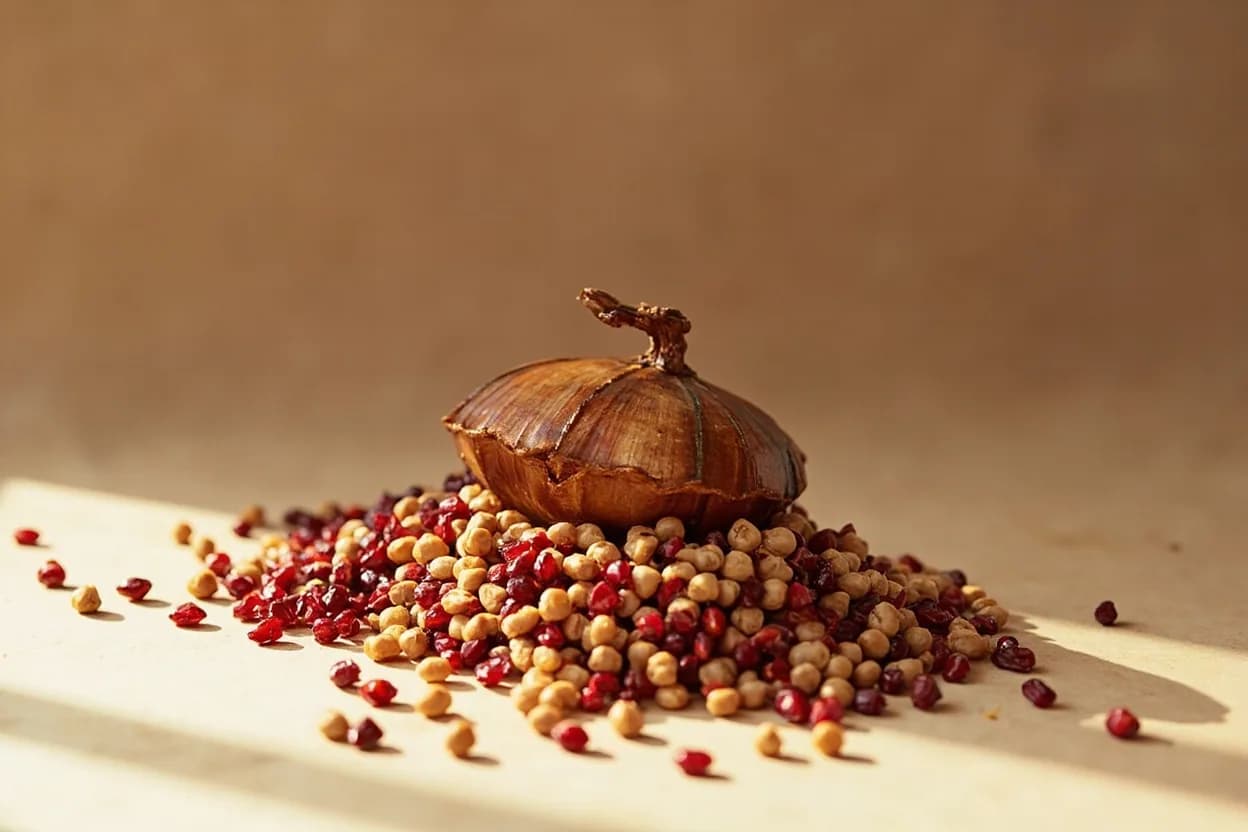 Dried Pomegranate Seed (Anardana) paired with Chickpeas (chana) (North Indian / Punjabi) — the canonical affinity made visible. Anardana is foundational to chana masala and Punjabi chole; its fruity acidity cuts through the dense legume starch and balances the heavy spicing without muddying the gravy.