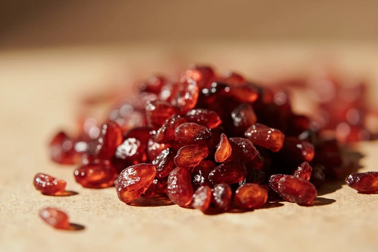 Dried Pomegranate Seed (Anardana) in its natural form. Anardana is made by sun-drying the arils (seed-flesh units) of wild or cultivated pomegranate (Punica granatum), typically the sour varieties grown in the foothills of Himachal Pradesh and the Hindu … Tasting profile: concentrated pomegranate tartness — citric and malic acids, jammy, raisin-adjacent sweetness, astringent tannin note from the seed coat, faint floral pomegranate aroma.