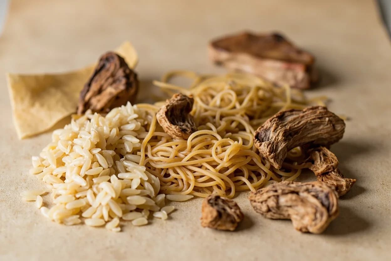 Dried Porcini paired with Arborio / Carnaroli Rice (Italian) — the canonical affinity made visible. Porcini risotto is the most canonical pairing — the starch absorbs the soaking liquor, the mushroom richness coats every grain.