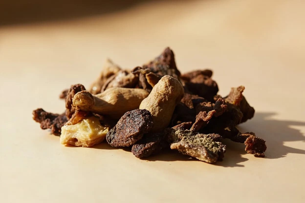 Dried Shiitake paired with Kombu (Japanese) — the canonical affinity made visible. The classic Japanese dashi synergy: kombu's glutamates (IMP) stack multiplicatively with shiitake's GMP, creating umami far greater than either alone.