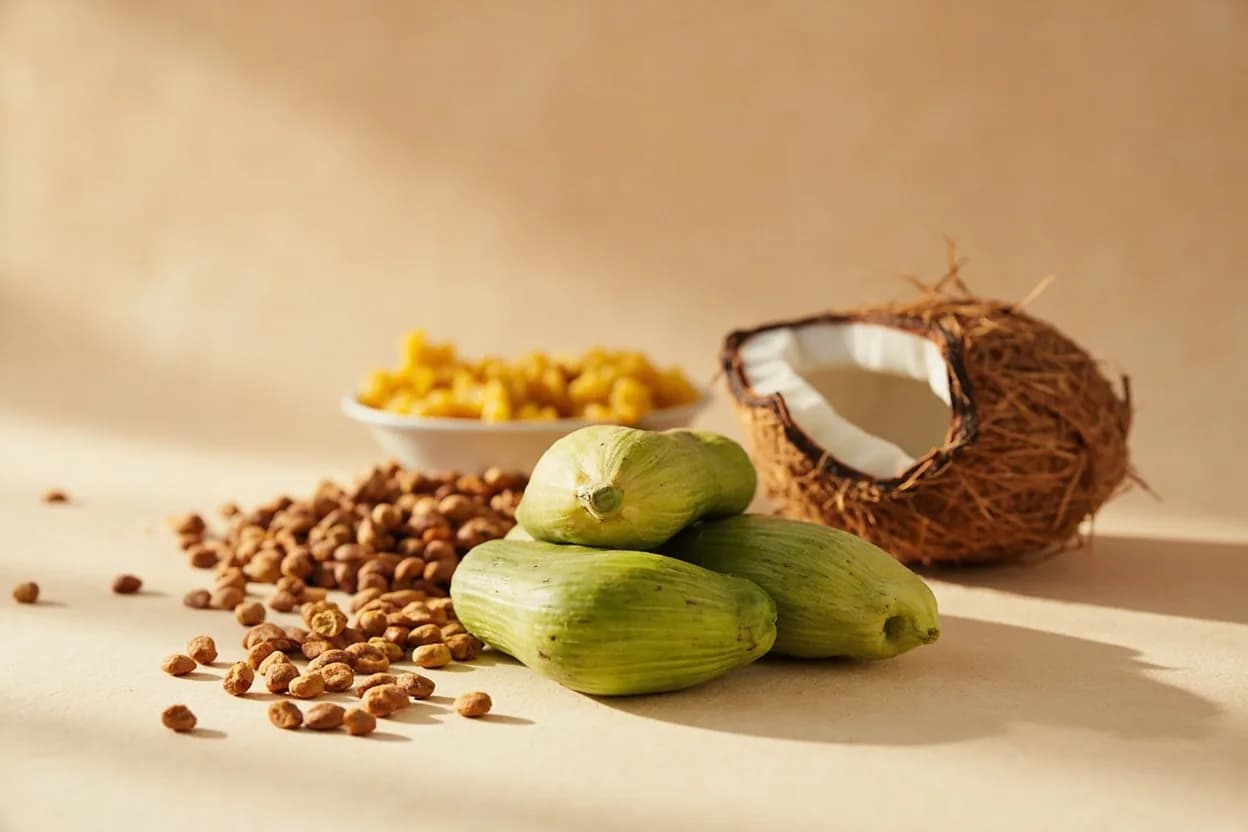 Drumstick (Moringa Pod) paired with Tamarind (South Indian) — the canonical affinity made visible. Tamarind's fruity tartness cuts the pod's bitterness and creates the defining sour-savoury balance of sambar.