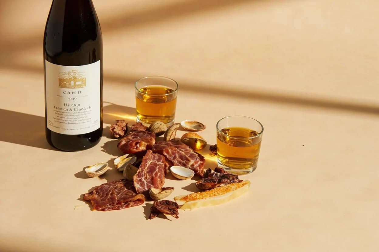 Dry Sherry paired with Clams and shellfish (Spanish (almejas a la marinera)) — the canonical affinity made visible. Fino's brine and iodine mirror the ocean salinity of bivalves; a splash deglazes the pan and deepens the natural liquor.