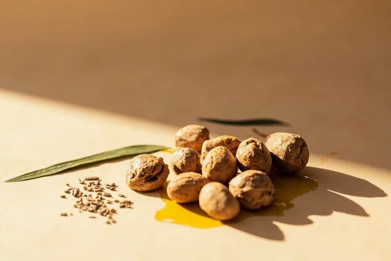 Ehuru (African Nutmeg) paired with Palm oil (Igbo / Nigerian) — the canonical affinity made visible. The fruity richness of red palm oil softens ehuru's dry earthiness and carries its fat-soluble aromatics through an entire pot of soup.