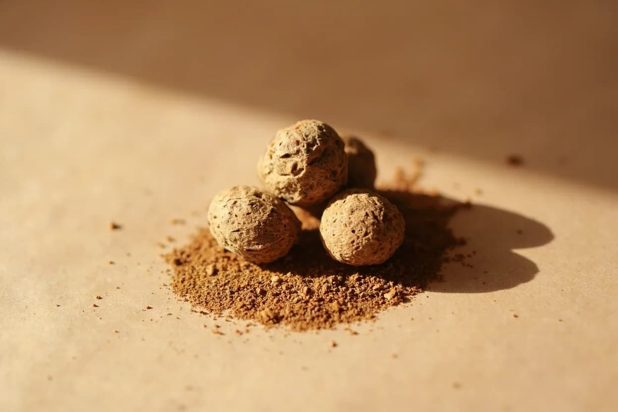 Ehuru (African Nutmeg) in its natural form. Ehuru is the dried seed of Monodora myristica, a flowering tree native to West and Central Africa. Tasting profile: earthy and musky base, warm resinous undertone, faint camphor or eucalyptus note, mild bitterness when raw.