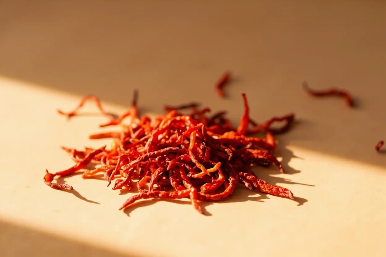 Facing Heaven Chili (Chaotianjiao) in its natural form. Chaotianjiao ('facing heaven pepper,' literally 'toward-heaven chili') is the most important dried chili in Sichuan cuisine, named for the way the fruit points skyward on the plant. Tasting profile: bright fruity sweetness (dried berry, paprika-like), clean, direct heat (30,000–70,000 SHU), roasted chili aroma when oil-bloomed, mild earthy and smoky dimension when charred.