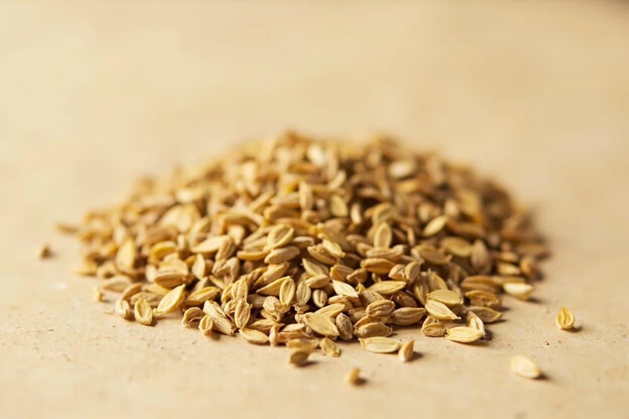 Fennel Seed in its natural form. Fennel seed is the dried fruit of Foeniculum vulgare, a tall Mediterranean herb with feathery fronds. Tasting profile: warm anise sweetness (trans-anethole), floral, hay-like depth, faint camphor freshness, mild licorice bitterness on the finish.