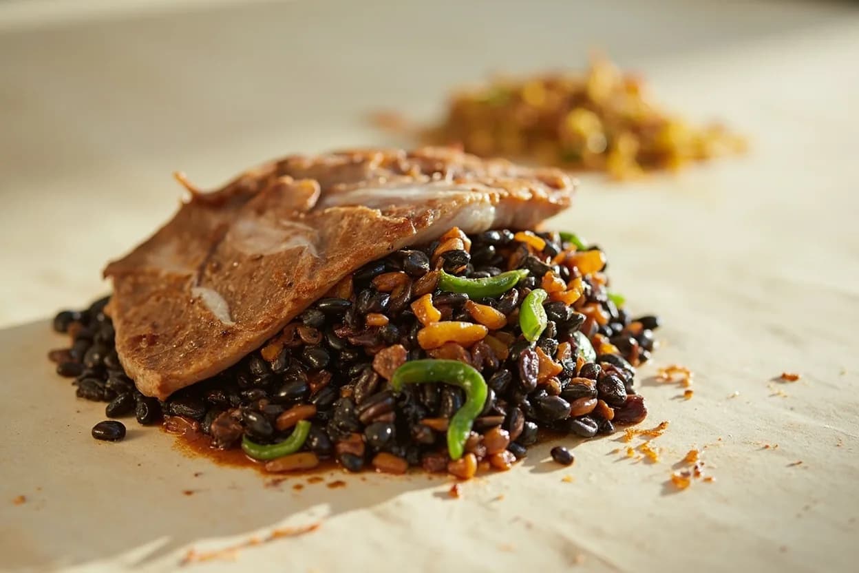 Fermented Black Bean (Douchi) paired with Steamed fish (sea bass, garoupa) (Cantonese) — the canonical affinity made visible. The definitive Cantonese technique: douchi, ginger, and soy steamed over fish, then finished with sizzling hot oil.