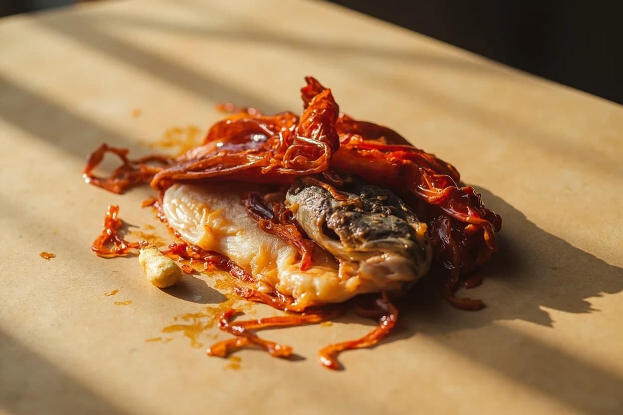 Fermented Chili (Pao Jiao) paired with Freshwater fish (particularly bass and carp) (Sichuan) — the canonical affinity made visible. Pao jiao's acid cuts through the muddy earthiness of freshwater fish — shuizhu yu and pao jiao yu are canonical; the brine permeates the flesh during cooking.
