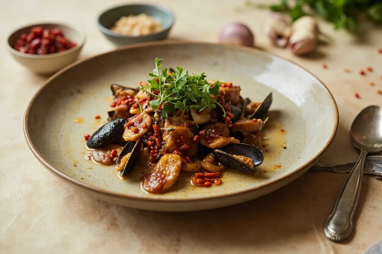 Fermented Chili (Pao Jiao) in its element — Pao jiao yu (Sichuan pickled chili fish). Adventurous crossover: Clams and mussels — Pao jiao brine replaces white wine as a braising liquid for shellfish — the lactic acid opens the shells and seasons the liquor with sour heat..