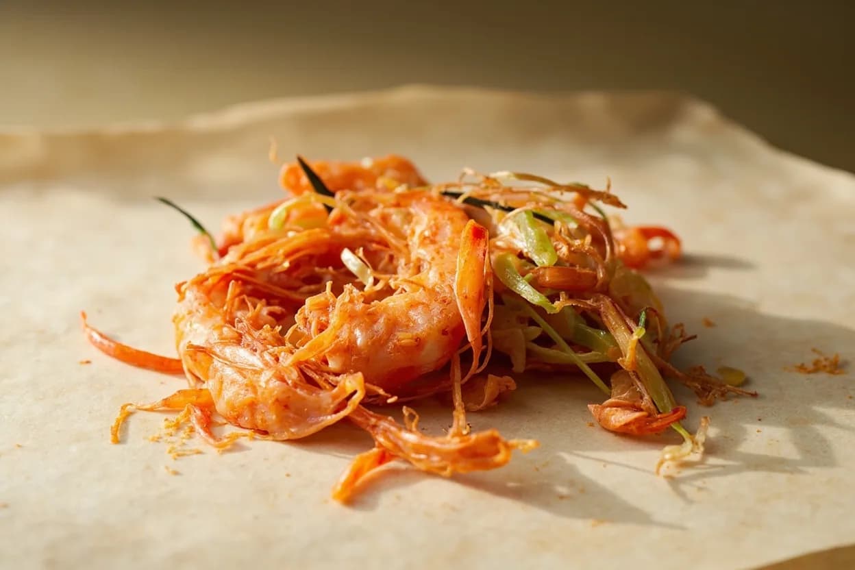 Fermented Salted Shrimp (Saeujeot) paired with Napa cabbage (baechu) kimchi (Korean) — the canonical affinity made visible. The foundational use: saeujeot seasons the kimchi paste alongside gochugaru, garlic, and ginger — its enzymes also accelerate fermentation.