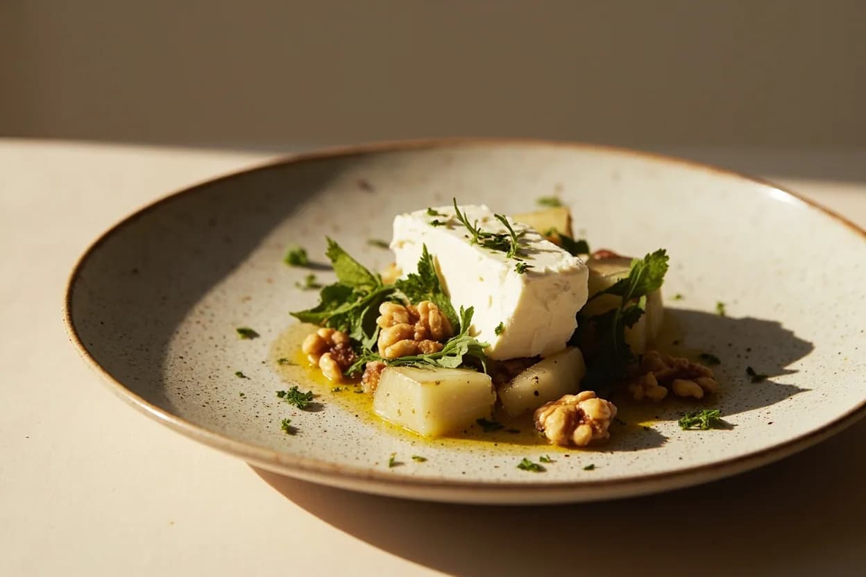 Feta in its element — Horiatiki (Greek village salad). Adventurous crossover: Honey and walnuts — The sweet-salt binary in honey-over-feta is one of the oldest Greek flavour contrasts; walnuts add tannin and bitterness that prevent the plate from reading as dessert..