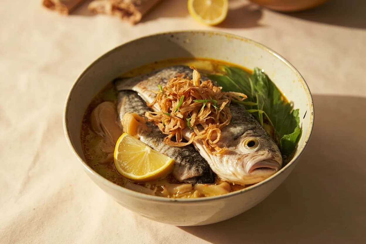 Fingerroot (Krachai) paired with Freshwater fish (catfish, tilapia, carp) (Thai / Indonesian) — the canonical affinity made visible. Fingerroot's primary culinary purpose in Thailand and Indonesia is to suppress muddy amine odors in freshwater fish while adding an herbal lift to fish curries and soups.