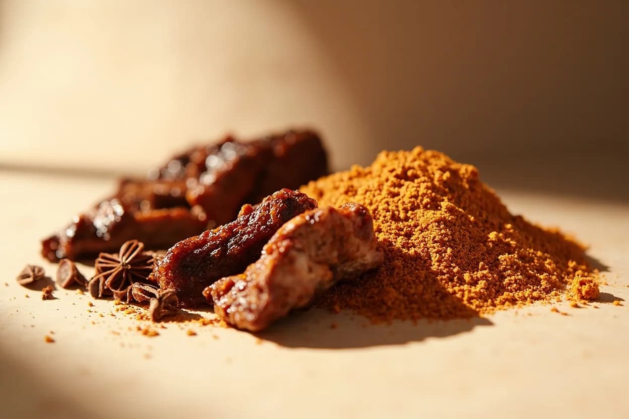 Five-Spice Powder paired with Pork (roasted or BBQ) (Cantonese) — the canonical affinity made visible. The defining pairing — char siu (Cantonese BBQ pork) marinates in five-spice, honey, and soy, where the blend's sweetness caramelizes into lacquer over high heat.