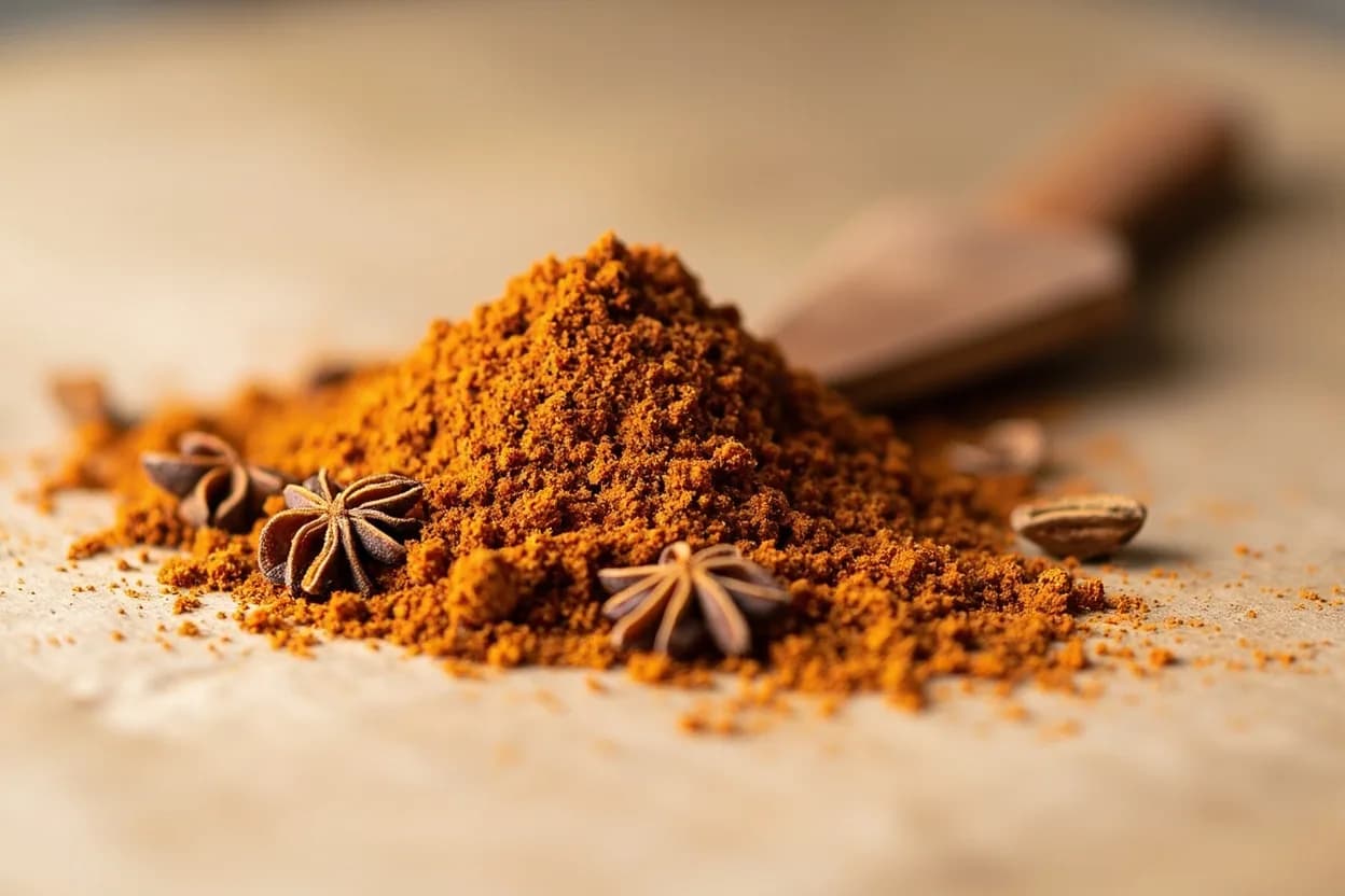 Five-Spice Powder in its natural form. Five-spice powder (wu xiang fen) is a ground blend of five aromatics traditionally representing the five classical Chinese flavor elements: sweet (star anise, cassia), sour (sometimes dried tangerine… Tasting profile: sweet licorice (star anise + fennel), warm camphor-spice (cassia), floral clove / eugenol, faint numbing tingle (Sichuan peppercorn hydroxy-alpha sanshool).