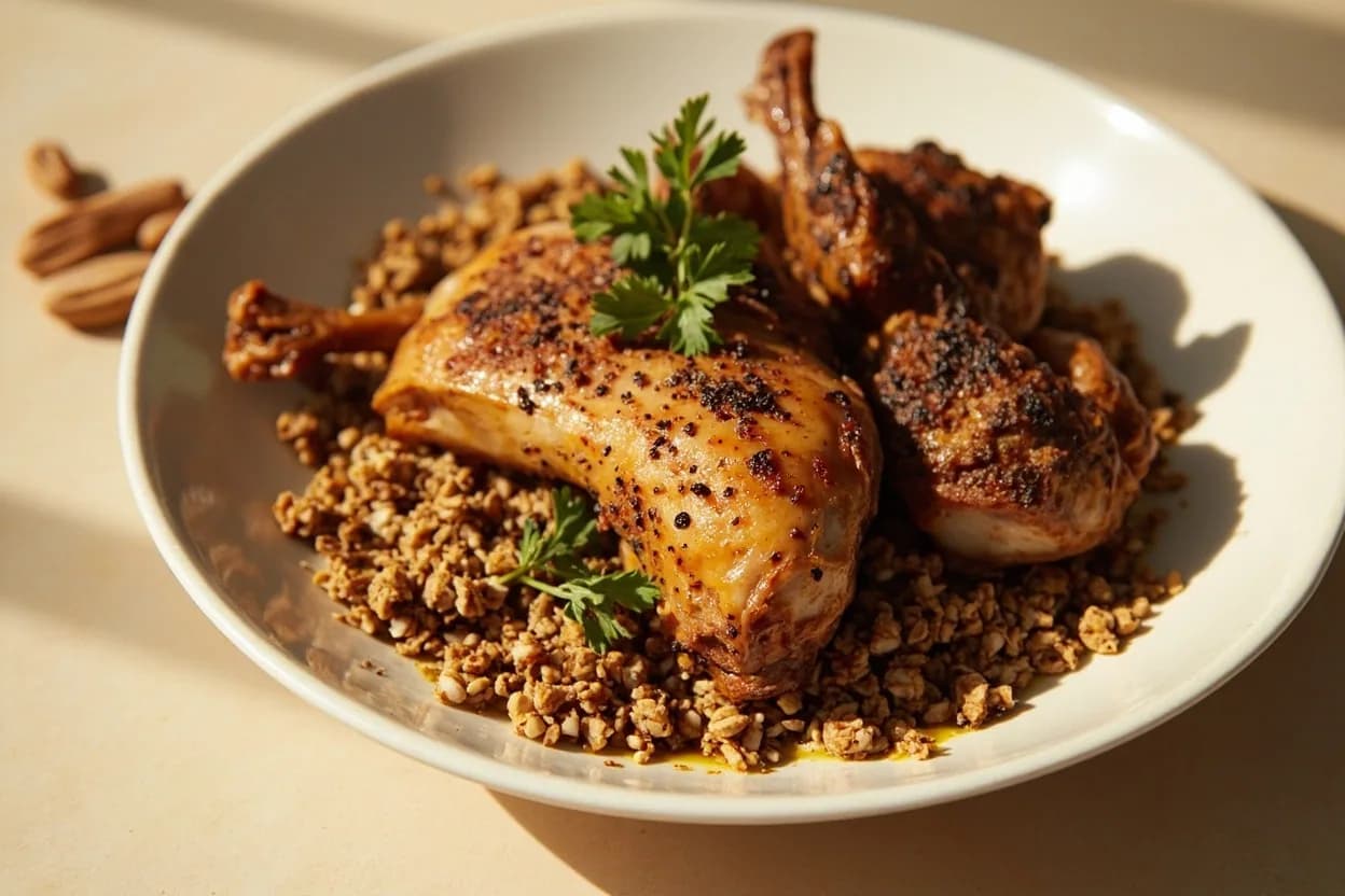 Freekeh paired with Roast chicken (Levantine) — the canonical affinity made visible. The defining freekeh dish across Lebanon, Palestine, and Syria is roasted chicken served over a freekeh pilaf seasoned with cinnamon, allspice, and toasted pine nuts.