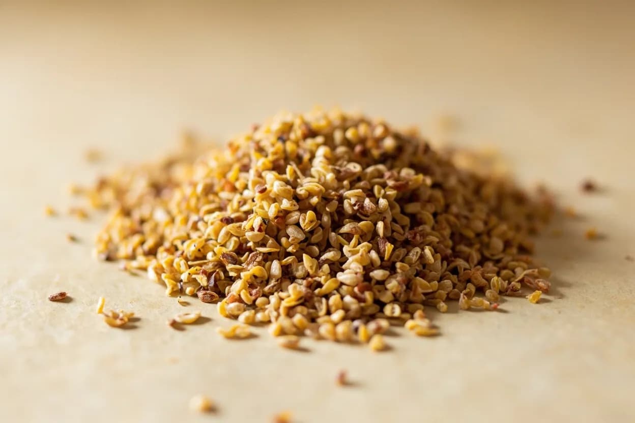 Freekeh in its natural form. Freekeh is durum wheat harvested while the grain is still green and immature, then immediately subjected to controlled field burning — the straw and chaff ignite while the moisture-laden young grain … Tasting profile: green wheat grassiness, wood smoke and char, nuttiness from partial roasting, earthy, slightly mushroom-like umami.