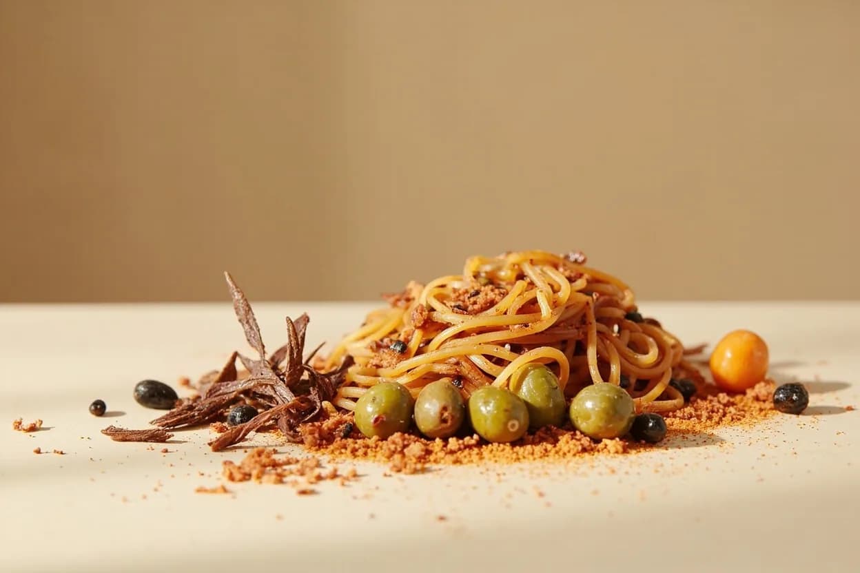 Gaeta Olive paired with Pasta all'puttanesca (Italian (Lazio / Campania)) — the canonical affinity made visible. The canonical Neapolitan-Roman pasta: Gaeta olives contribute fruity brine without overpowering the anchovy and caper base; their softness disperses into the sauce.