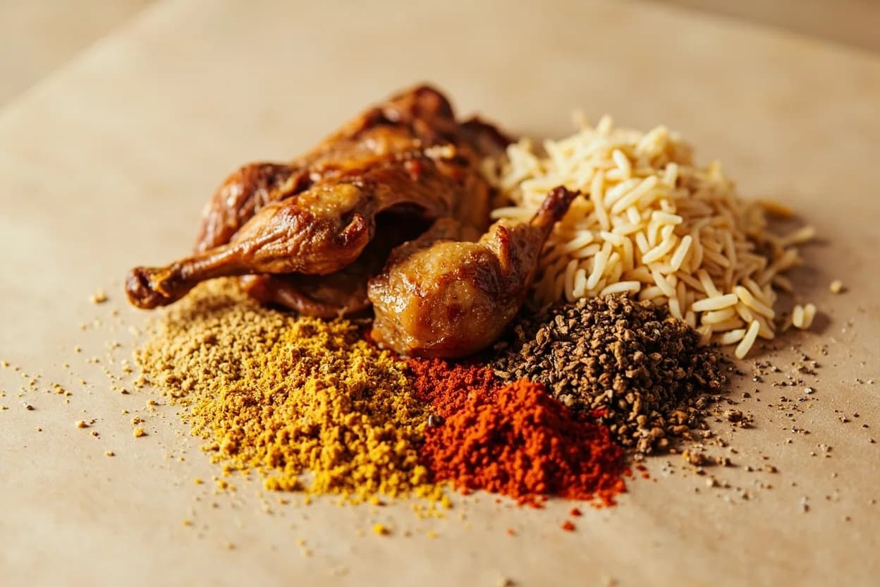 Garam Masala paired with Chicken (bone-in, skin-on) (North Indian / Punjabi) — the canonical affinity made visible. The archetype: murgh makhani (butter chicken) and chicken tikka masala both finish with garam masala, which permeates the yogurt-marinated meat and tomato-cream sauce.