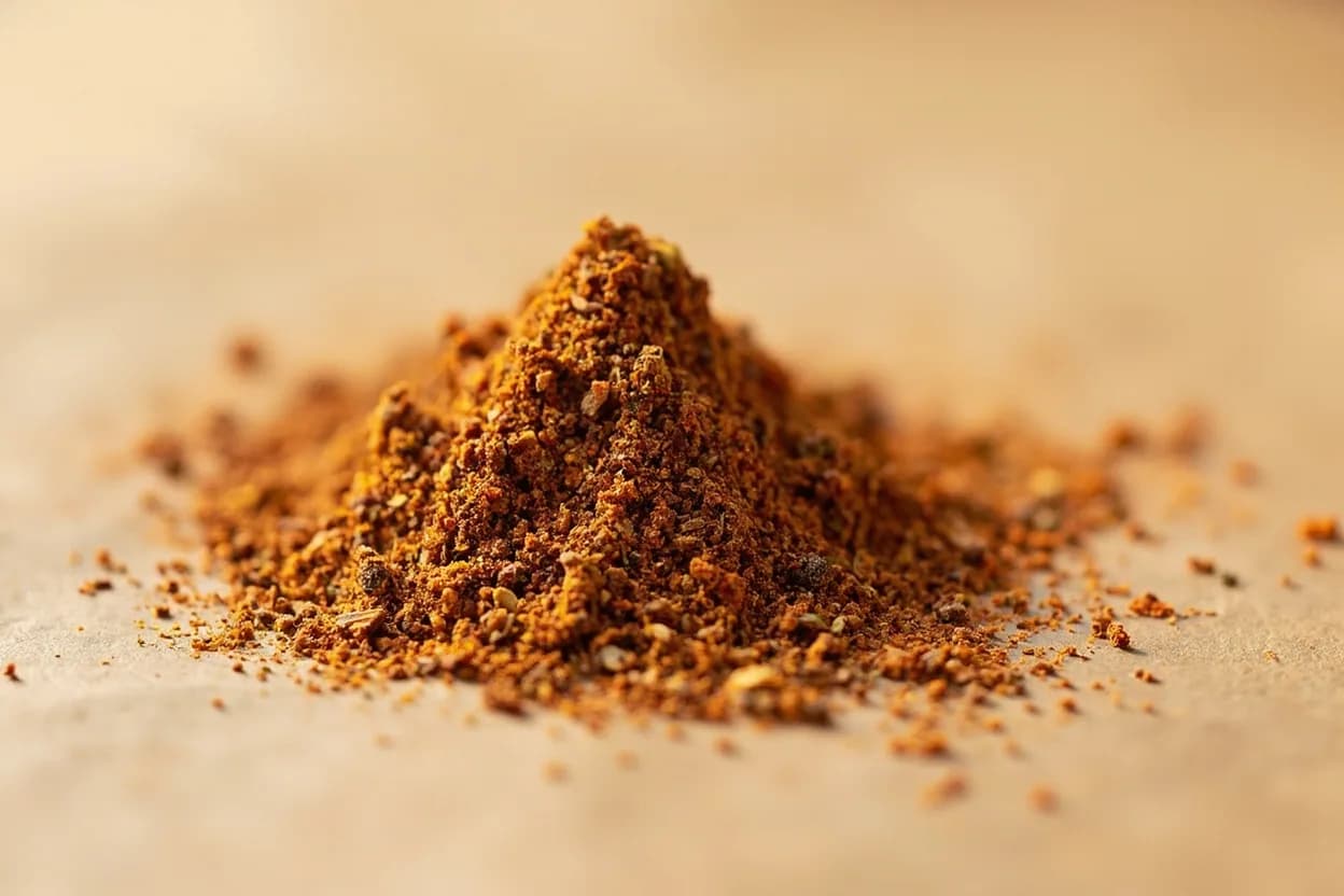 Garam Masala in its natural form. Garam masala (literally 'hot spice mixture', where 'hot' refers to the Ayurvedic warming quality, not chili heat) is the signature finishing spice blend of North Indian cooking. Tasting profile: warm, camphor-forward cinnamon/cassia, floral green cardamom, clove eugenol depth, earthy cumin and coriander base.