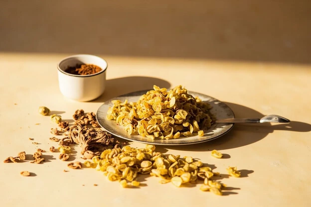 Gesho (Ethiopian Hops) paired with Honey (tej base) (Ethiopian) — the canonical affinity made visible. Gesho's bitterness is the essential counterweight to honey's sweetness in tej; without it the wine is flat and cloying — together they achieve the canonical balance of Ethiopian honey wine.