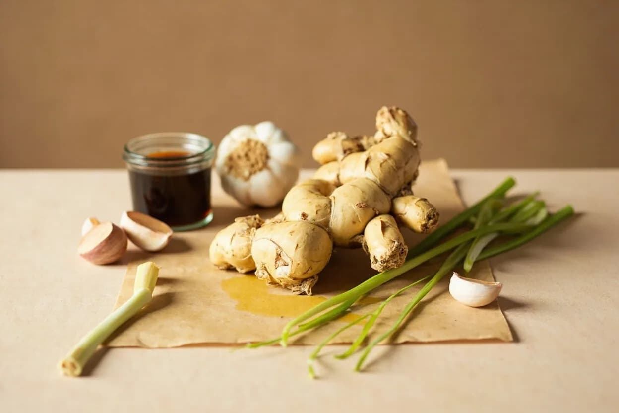 Ginger paired with Garlic (South Asian / Chinese) — the canonical affinity made visible. The foundational two-ingredient paste of South Asian cooking — combined at roughly equal ratios and cooked in fat to form the aromatic base of countless curries and stir-fries.