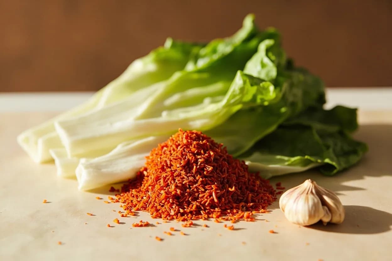 Gochugaru paired with Napa cabbage (Korean) — the canonical affinity made visible. The defining pairing in kimchi — gochugaru coats every leaf of baechu-kimchi, curing it with color, heat, and fruity pungency as it ferments.