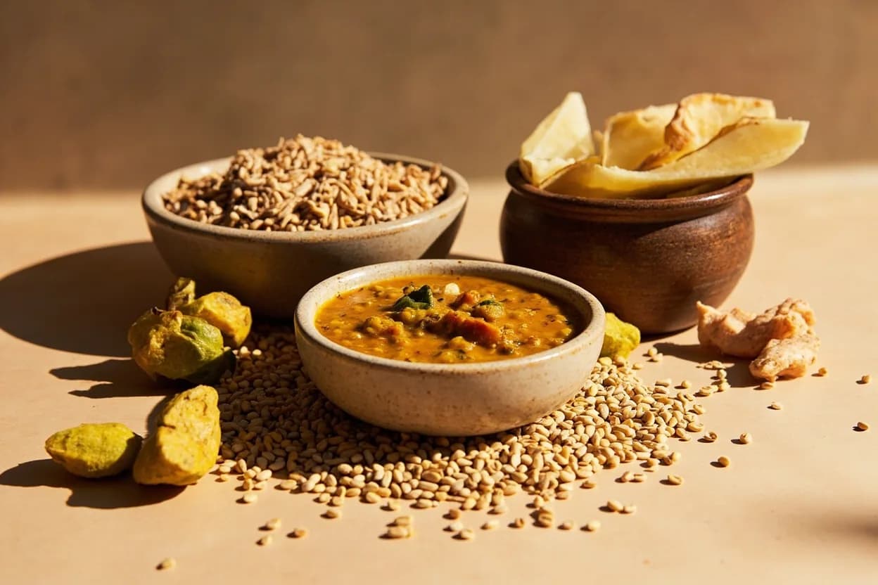 Grains of Selim (Hwentia) paired with Palm nut soup (abenkwan, Ghanaian) (Ghanaian) — the canonical affinity made visible. Hwentia is a core aromatic in palm nut soup alongside prekese (aidan fruit) and African pepper; it contributes the musky smoky layer that distinguishes this rich soup from any other palm-based preparation.