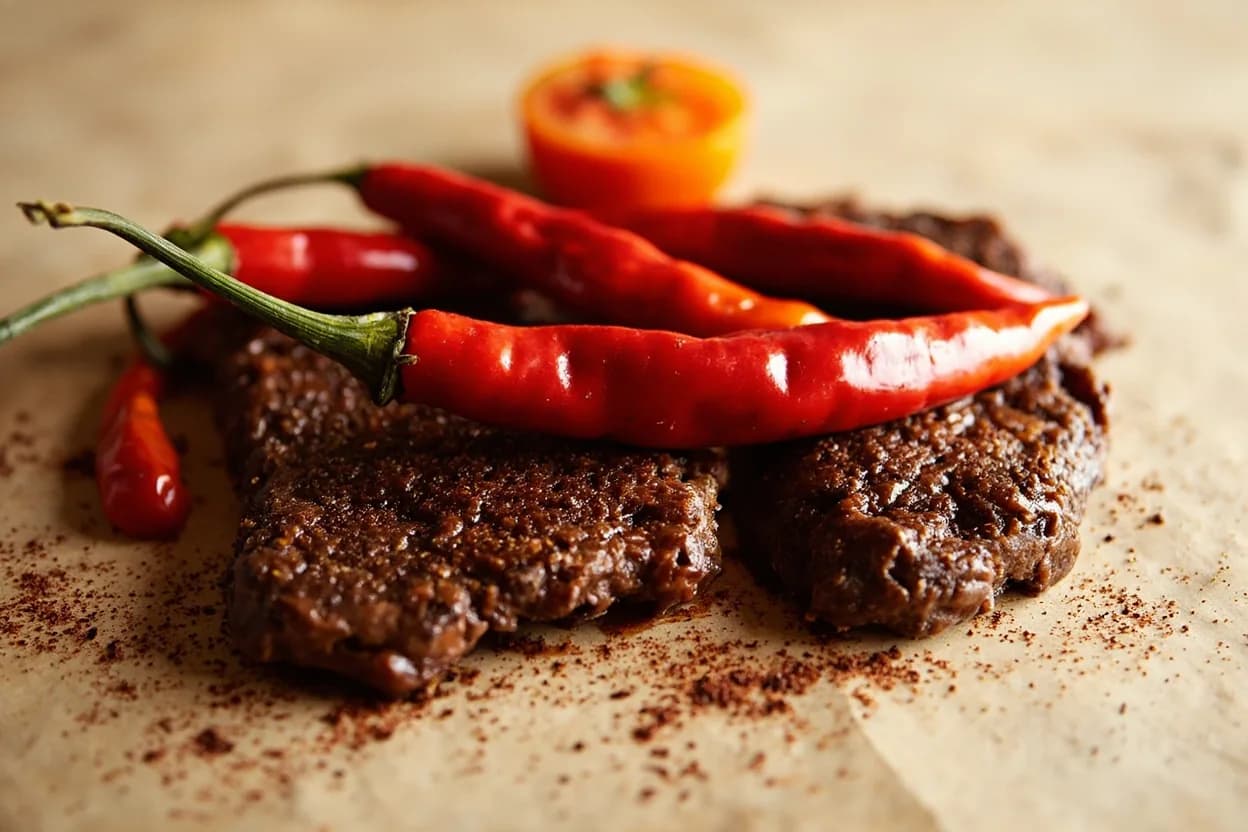 Guajillo Chile paired with Beef (Mexican) — the canonical affinity made visible. Birria de res (beef birria) and carne adovada are built on guajillo adobo — the chile's tangy acidity acts as a natural tenderizer and penetrates the beef during slow braising.