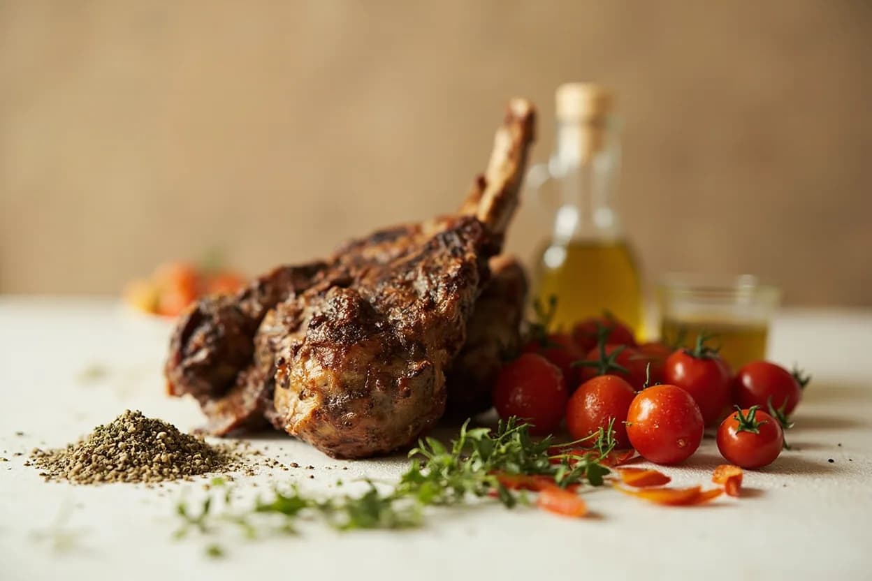 Herbes de Provence paired with lamb (rack, leg, chops) (Provençal/French) — the canonical affinity made visible. Herbes de Provence pressed into a lamb leg or rack with olive oil and garlic before roasting is the defining use case — the herbs form a fragrant crust as the fat renders.
