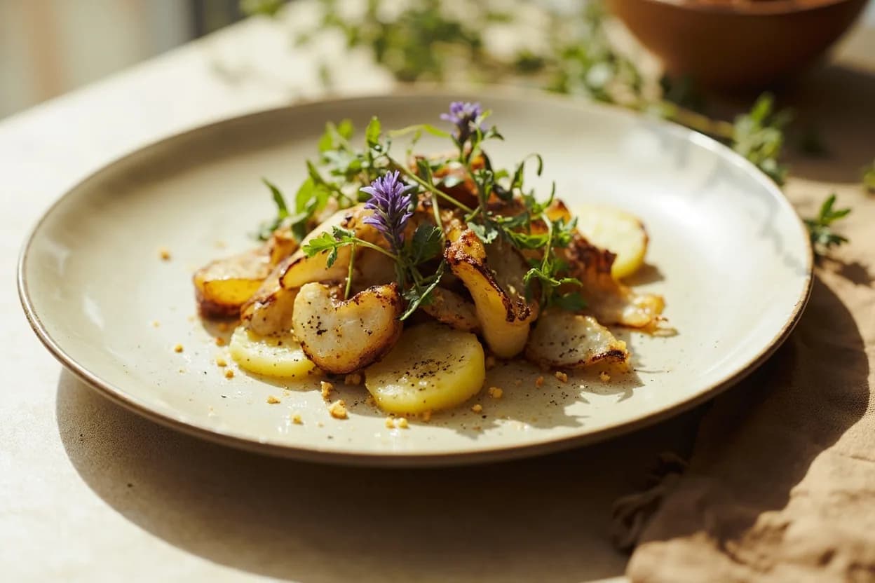 Herbes de Provence in its element — Tian Provençal (layered roasted vegetables). Adventurous crossover: honey (lavender-enhanced blend) — Herbes de Provence with lavender infused into acacia honey produces a complex drizzle for cheese plates, yogurt, or toasted almonds — the floral-herb register becomes lushly sweet..