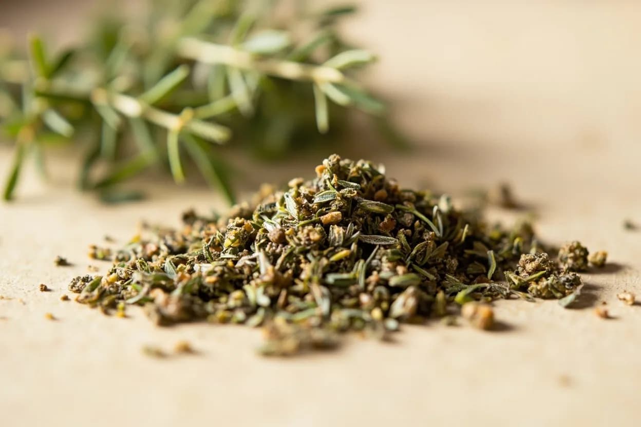 Herbes de Provence in its natural form. Herbes de Provence is a blend of dried herbs associated with the Provence region of southeastern France. Tasting profile: thyme's earthy-floral astringency, sharp resinous rosemary and pine, savory's pepper-thyme bite, soft marjoram sweetness.