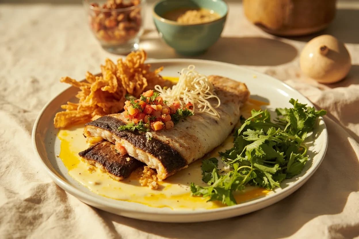 Hierba Santa paired with Fish (freshwater and white-fleshed) (Oaxacan / Mexican) — the canonical affinity made visible. The most celebrated hierba santa pairing: fish — especially huachinango (red snapper), river trout, or mojarra — wrapped in hoja santa leaves and steamed, grilled, or baked.