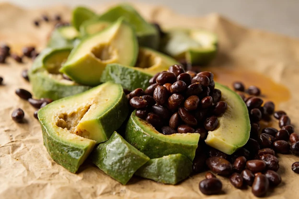 Hoja de Aguacate paired with Black beans (frijoles negros) (Oaxacan, Mexican) — the canonical affinity made visible. One or two toasted leaves simmered with dried black beans is the canonical Oaxacan preparation — the anise note cuts the earthiness and gives the pot broth a haunting complexity.