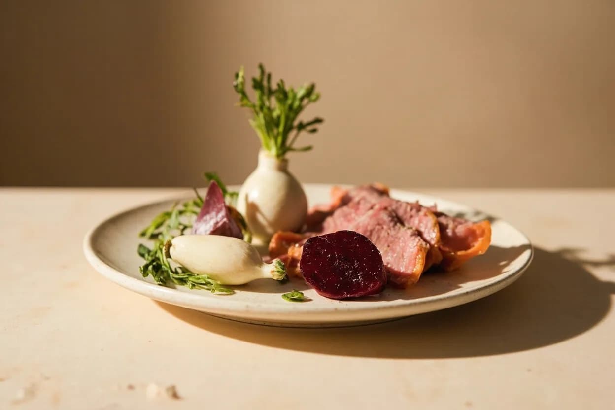 Horseradish paired with Roast beef (British / Central European) — the canonical affinity made visible. The canonical pairing: volatile isothiocyanates cut through beef's rendered fat and amplify umami via contrast.