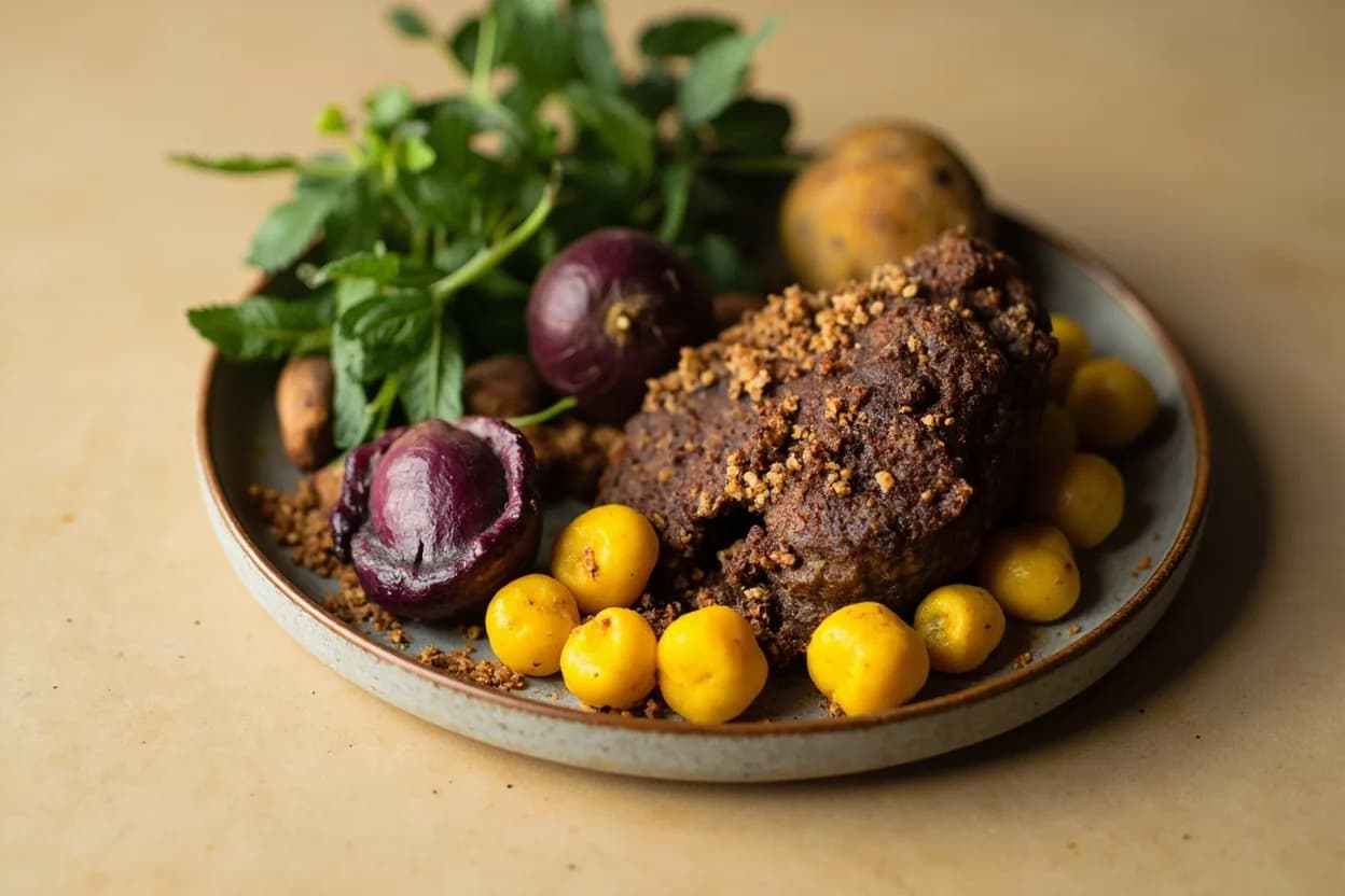 Huacatay (Black Mint) paired with Ají amarillo (yellow chili) (Peruvian) — the canonical affinity made visible. The defining duo of Peruvian green cooking: huacatay's anise-marigold tempers ají amarillo's fruity heat and brightens its tropical sweetness.