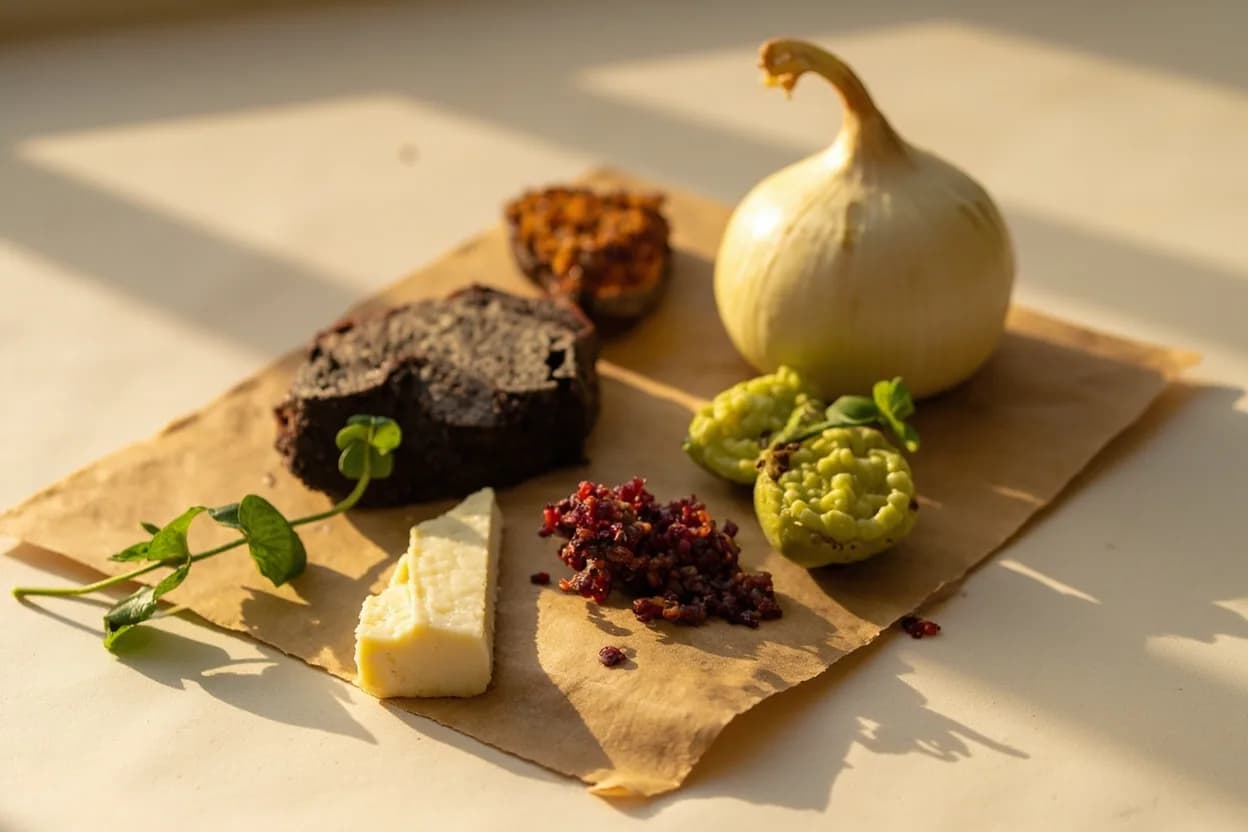 Huitlacoche paired with Epazote (Mexican) — the canonical affinity made visible. The canonical Mexican herb pairing for huitlacoche — epazote's pungent, petroleum-herbal edge cuts through the fungus's richness and is almost always present in traditional quesadilla fillings.