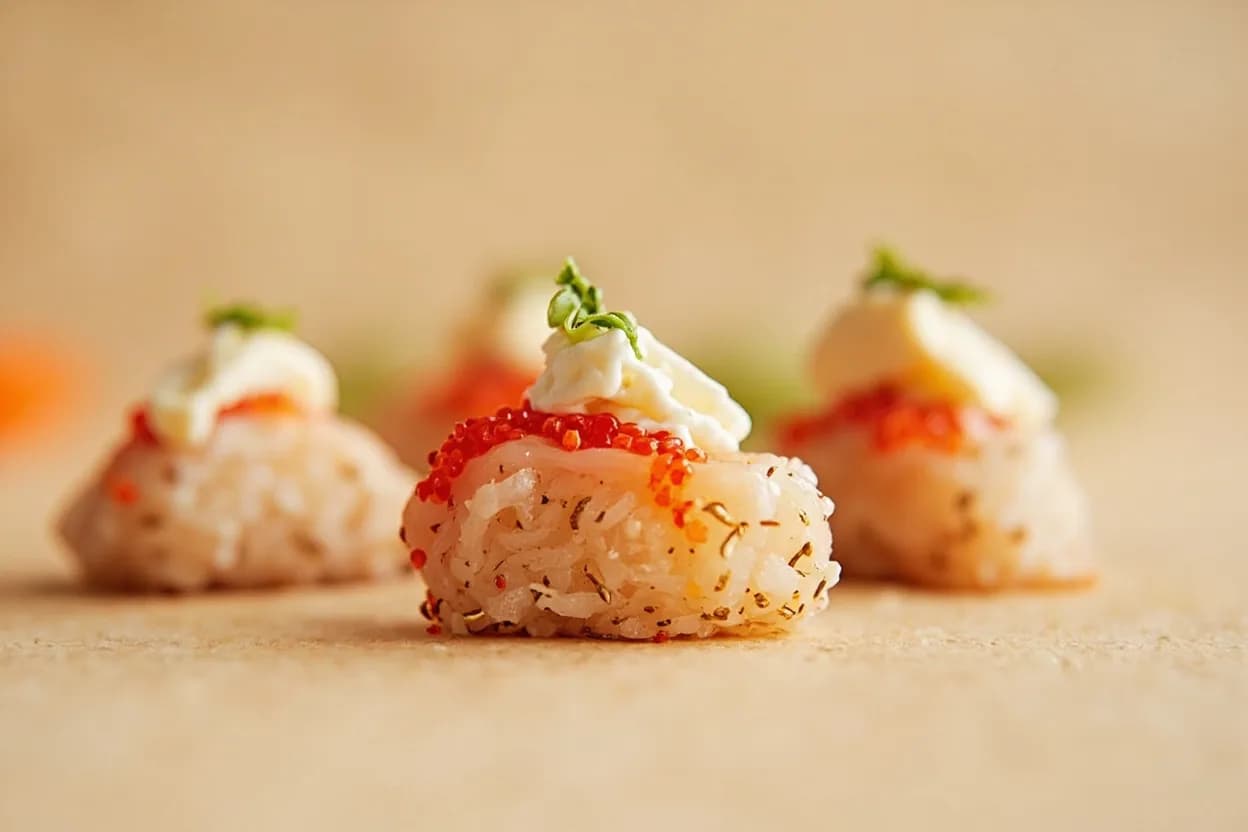 Ikura (Salmon Roe) paired with Sushi rice (sumeshi) (Japanese) — the canonical affinity made visible. Seasoned vinegar rice is the canonical base — its acidity and stickiness frame the roe's salt and fat without competing.