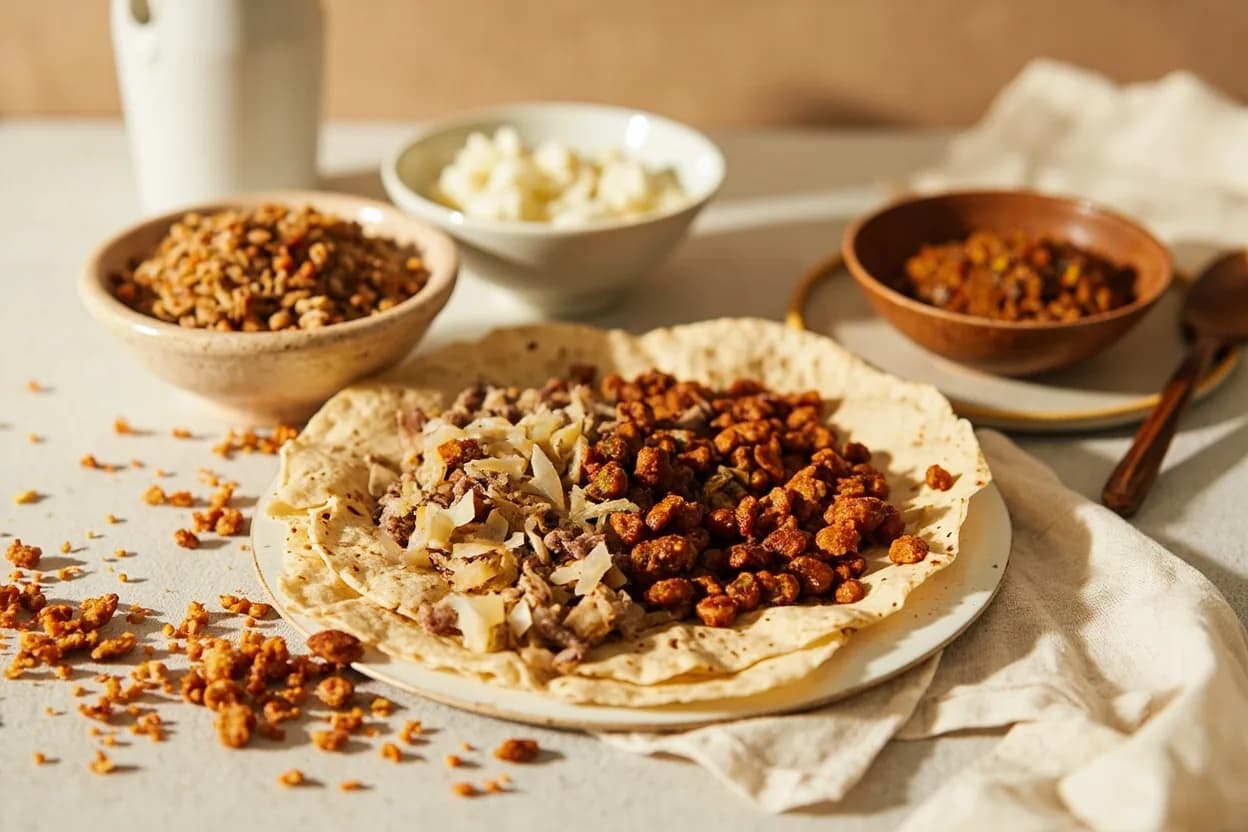 Injera paired with Doro Wat (Ethiopian) — the canonical affinity made visible. The injera's sourness cuts through the rich berbere butter, and its sponge absorbs the dark, chile-spiced chicken stew without going soggy.