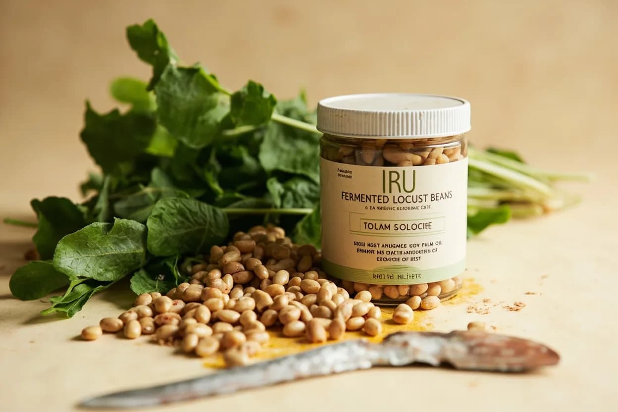 Iru (Fermented Locust Beans) paired with Palm oil (Yoruba / Igbo / West African) — the canonical affinity made visible. The dual fat-and-umami base of West African soups — iru blooms in hot palm oil, releasing its aromatics and melding with the oil's earthy, carotene-rich bitterness into a cohesive base.