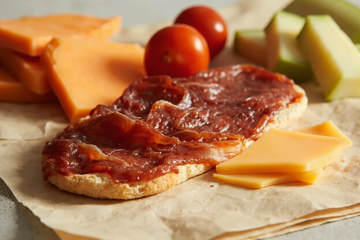 Jamón Ibérico paired with Pan con tomate (pa amb tomàquet) (Spanish / Catalan) — the canonical affinity made visible. Catalonia's canonical vehicle: tomato rubbed on grilled bread, drizzled with olive oil, draped with paper-thin jamón.